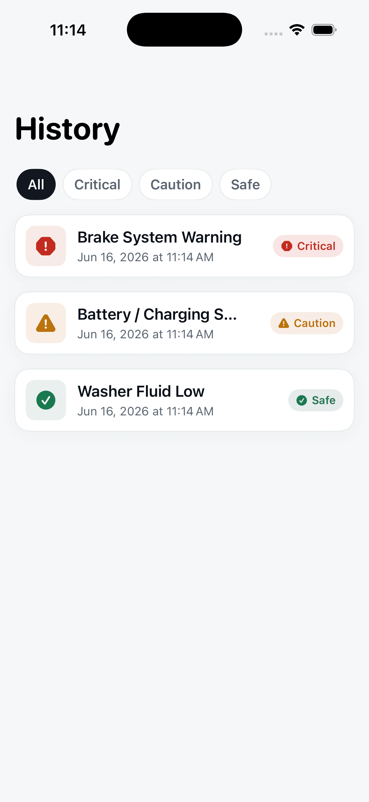 VehicleSense history screen listing past scans filterable by Critical, Caution and Safe