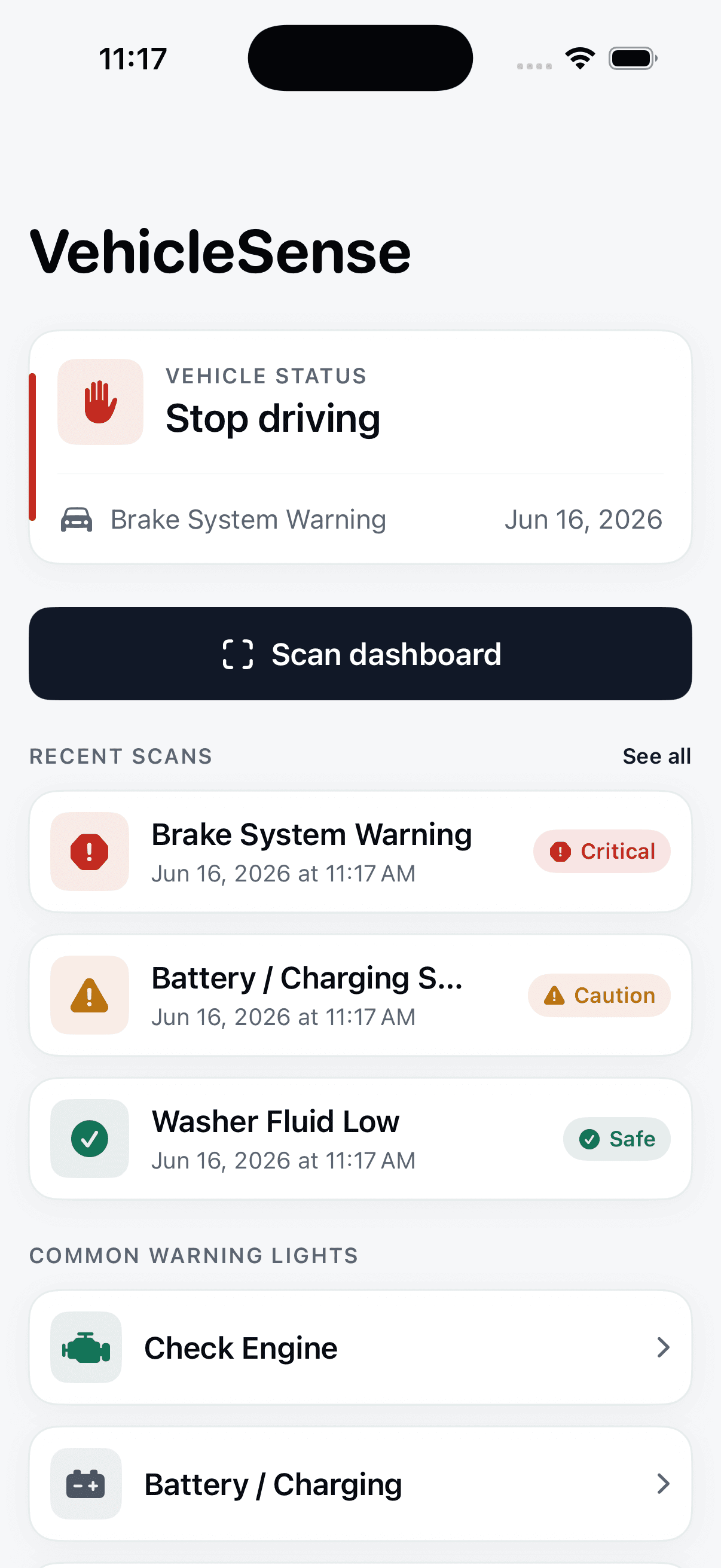 VehicleSense home screen showing the current vehicle status and recent scans rated Critical, Caution and Safe