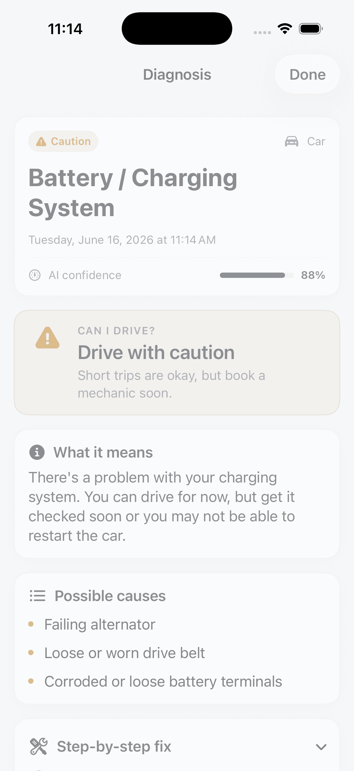 VehicleSense result explaining a Battery / Charging System warning in plain English, with possible causes