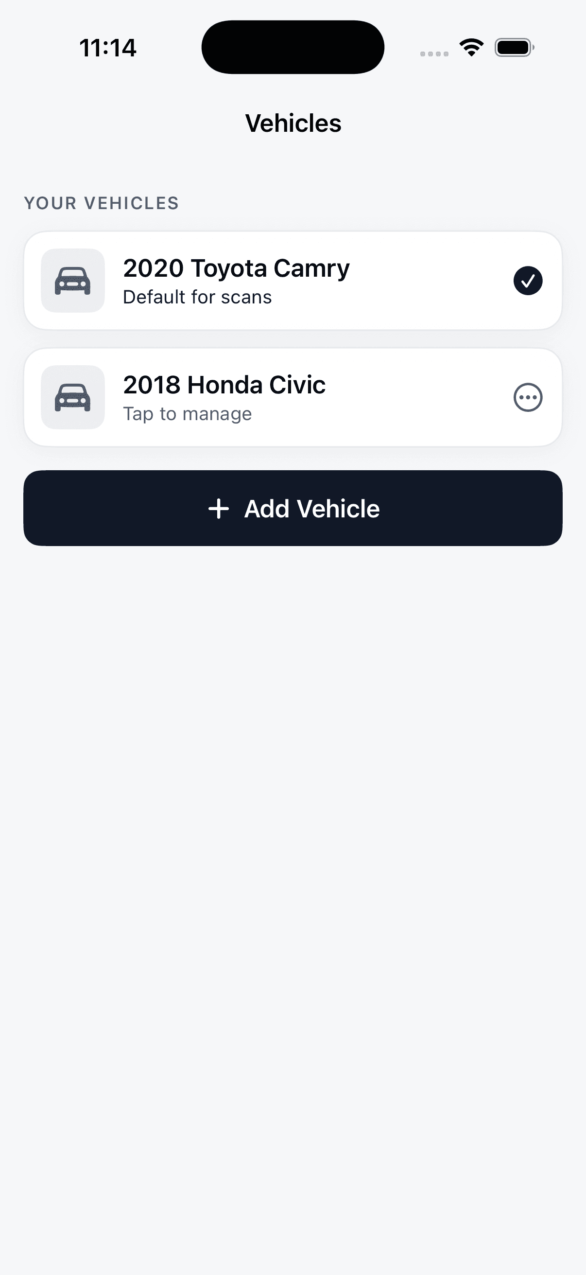 VehicleSense vehicles screen with a 2020 Toyota Camry and 2018 Honda Civic saved