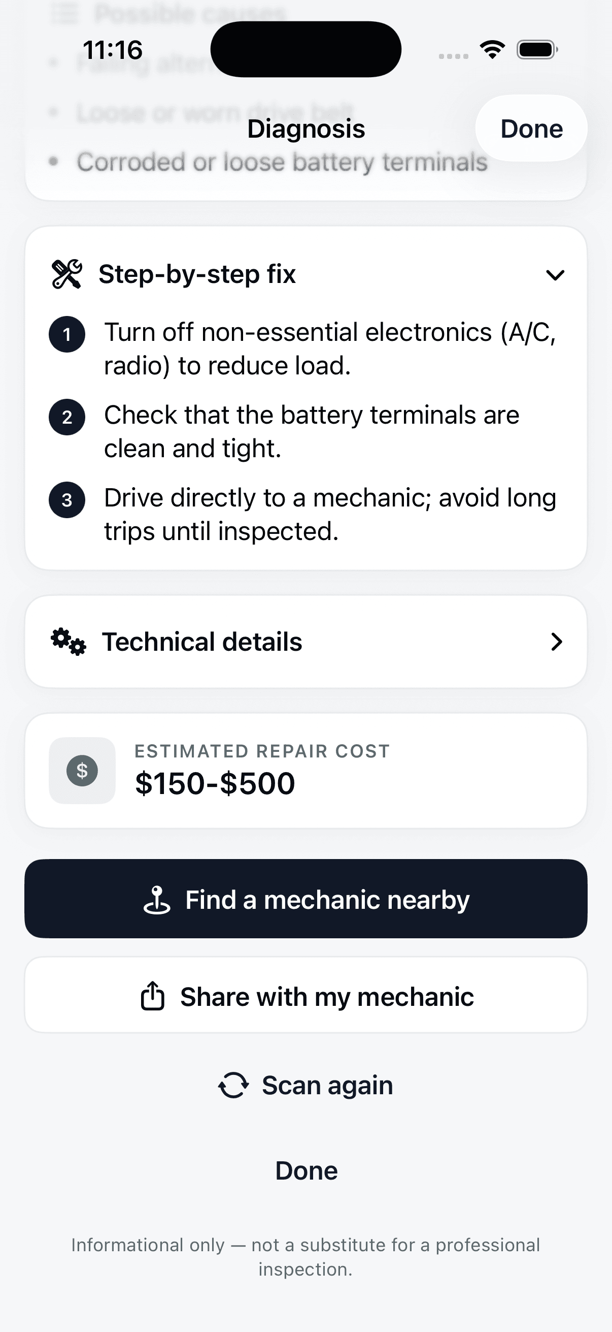 VehicleSense result actions including a repair cost estimate and a 'Share with my mechanic' button