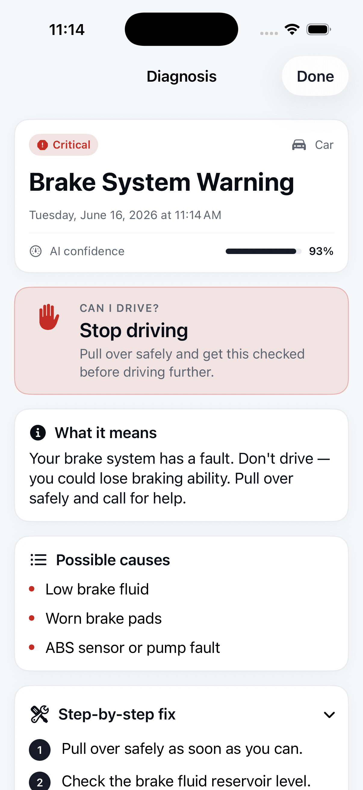 VehicleSense result for a Brake System Warning rated Critical, with a 'Stop driving' verdict